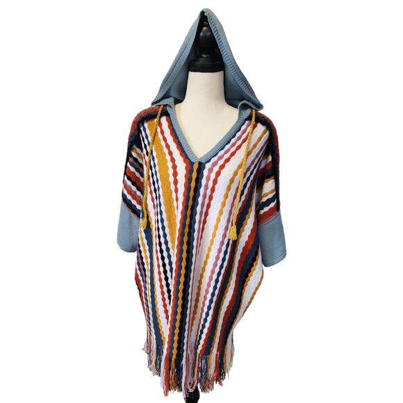 Gimmicks Striped Fringe Hooded Oversize Short Sleeve Boho Knit Sweater Sz Large - Picture 1 of 7